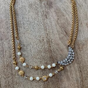 NWT, J. Crew Gold-Tone Crystal Crescent Necklace with Pearls